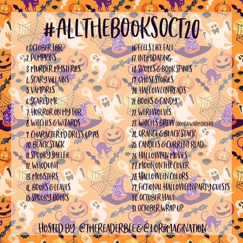 Bookworms & Bookstagrammers!! @loriimagination and I are so excited to share #AlltheBooksOct20 our October Book Challenge!! Its going to be month of spooky fun and wed love for you to join us!! . October is right around the corner Bookworms and its my most favorite time of year! Lori and I have a fun Halloween themed challenge for this month and wed love to see your photos for our prompts! (But you can totally participate even if youre not a Halloween fan!).Why join along?? Book challenges are a Book Friends, October Books, Reading List Challenge, List Challenges, Photo Prompts, Book Spine, Book Challenge, Love Books, Bookish Things