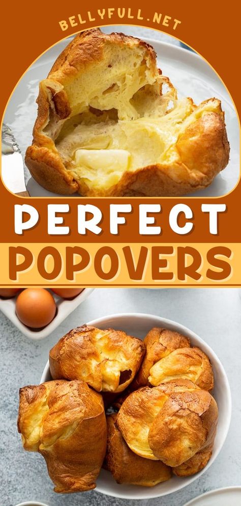 {Perfect} Popovers, easy thanksgiving side dishes, thanksgiving dinner ideas Easy Popover Recipe, Easy Popovers, Buttery Rolls, Popover Recipe, Yorkshire Pudding Recipes, Thanksgiving Side, Easy Thanksgiving, Bread Recipes Homemade, Simple Recipes