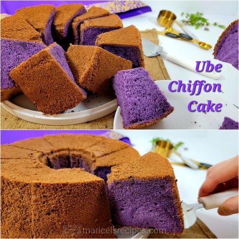 This ube chiffon cake recipe is easy to make. Moist, light, and fluffy sponge cake made of real ube or purple yam. Great to serve for breakfast, snack, or dessert with or without frosting! https://maricelsrecipes.com/ube-chiffon-cake/ Recipe video👇 https://youtu.be/kpuEz11KLgY #UbeChiffonCake #chiffoncake #ubechiffon Ube Chiffon Cake Recipe, Ube Chiffon Cake, Cream Of Tartar Substitute, Stabilized Whipped Cream Frosting, Fluffy Sponge Cake, Ube Cake, Chiffon Cake Recipe, Cream Cheese Buttercream Frosting, Ube Recipes