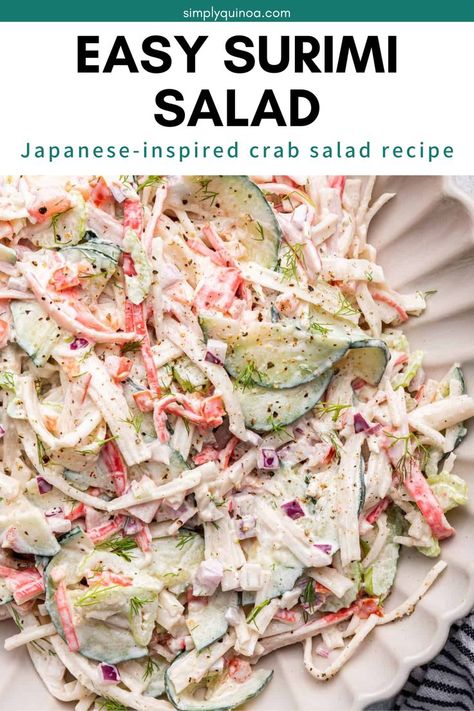 Looking for a new side dish or salad to have with your next summer BBQ? Surimi salad is a Japanese-inspired crab salad recipe made with imitation crab, vegetables, and a creamy dressing. This salad will be the hit of your next gathering! Cucumber And Crab Salad Asian, Surimi Snow Leg Style Recipes, Crab Salad Recipe Easy Sushi, Low Calorie Crab Salad, Crab And Pasta Salad, Crab Salad With Cucumber, Cucumber Crab Salad Asian, Crab Salad Healthy, Seafood Crab Salad