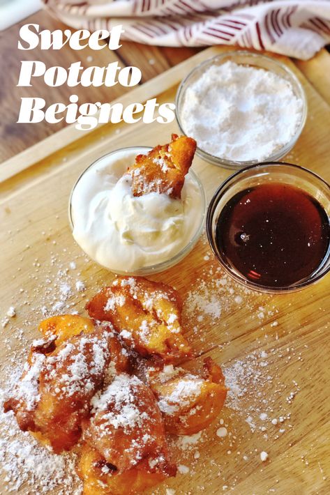 Have some sweet potatoes? Try out this creative recipe to use them! How would you eat these beignets? With powdered sugar, homemade whipped cream, cane syrup gastrique, or all 3...? We make these at Thanksgiving instead of traditional sweet potato dishes and everyone loves them! Check out the recipe on PontchartrainKitchen.com #sweetpotatoes #homemade #beignets #recipe Beignets Easy, Gastrique Recipe, Potato Donuts Recipe, Homemade Beignets, New Orleans Beignets, Cane Syrup, Beignet Recipe, Sweet Potato Dishes, Sweet Potato Souffle