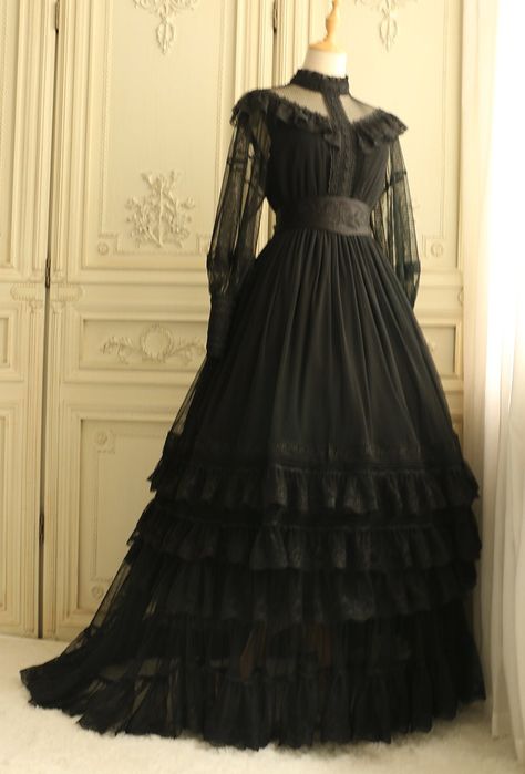 Edwardian Style Gothic Black Long Dress - Victorian Lace Dress - WonderlandByLilian Goth Edwardian Fashion, Goth Victorian Wedding Dress, Black Vintage Victorian Dress, Dark Victorian Dress, Goth Long Dress, Gothic Dress Outfit, Goth Victorian Dress, Gothic Formal Dress, Goth Dress Formal