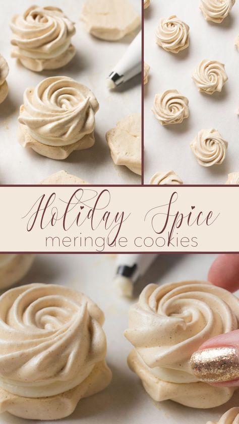 Gingerbread Meringue Cookies, Pavlova Flavors, Meringue Sandwich Cookies, Coconut Meringue Cookies, Meringe Dessert, Xmas Meringues, Flavored Meringue Cookies, Merguine Cookies Recipe, Fall Meringue Cookies