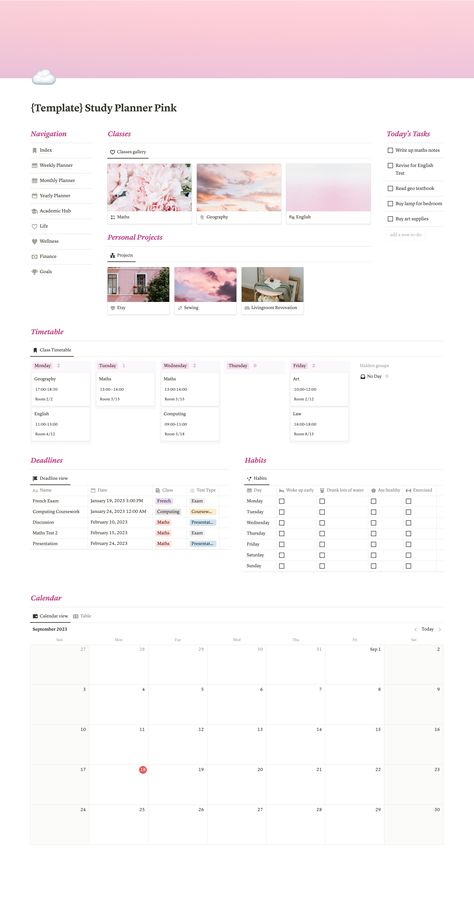 Notion Study Planner Pink Template | Assignment Tracker, Aesthetic College and University Planner notion_templates_for_small_business #ramadanplanner #notion_university_dashboard⚜️. Notion Timetable, Uni Notion, Notion Study Planner, 2023 Notion, Notion Study, Notion Weekly, Dream Tracker, Study Planner Template, Student Daily Planner