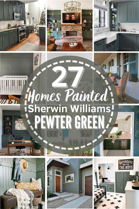 Is Sherwin Williams Pewter Green SW 6208 Your Perfect Paint Color? Come see it in 27 real homes and spaces to help you decide! Learn about the undertones, comparable colors and more! #sherwinwilliams #paint #pewtergreen #greenpaint #bestpaintcolors #sherwinwilliamspewtergreen Sw Vogue Green Paint, Pewter Green Sw, Sherwin Williams Pewter Green, Green Entryway, Green Exterior Paints, Sherwin Williams Green, Pewter Green, The Undertones, Perfect Paint Color