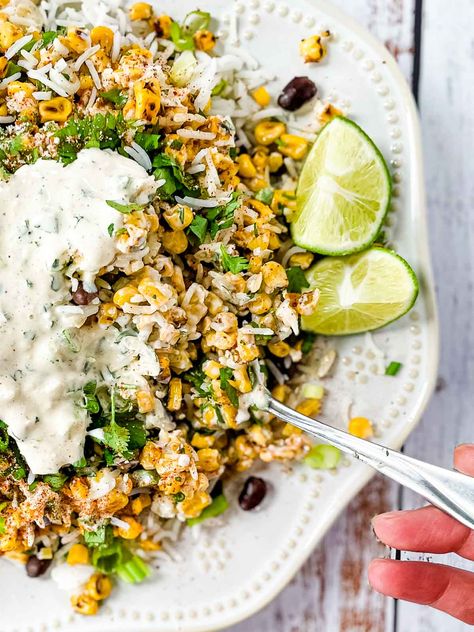 A delicious fusion of Mexican street style corn with rice and beans! So full of flavor: jalapeños, scallions, garlic, cilantro, grilled corn! Mexican Street Corn Rice, Fajita Sides, Street Style Corn, Mexican Street Style, October Meals, Starch Sides, Grilled Sweet Corn, Mexican Side, Apartment Meals