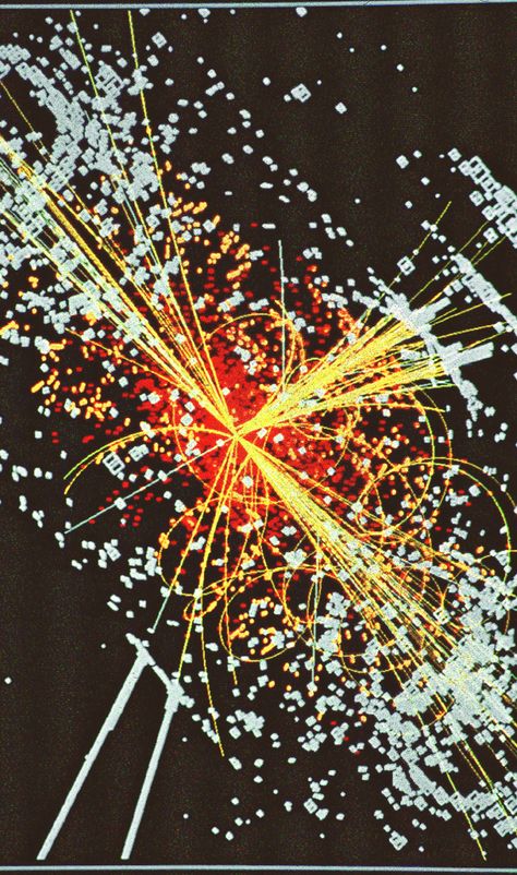 This track is an example of simulated data modeled for the CMS detector on the Large Hadron Collider (LHC) at CERN, which will begin taking data in 2008. Here a Higgs boson is produced which decays into two jets of hadrons and two electrons. The lines represent the possible paths of particles produced by the proton-proton collision in the detector while the energy these particles deposit is shown in blue. | Image creator: Lucas Taylor Scientific Art, Hadron Collider, Particle Physics, Large Hadron Collider, Higgs Boson, Scientific Illustration, The Energy, Physics, Track