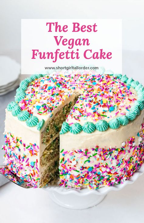 The absolute best homemade Vegan Funfetti Layer Cake topped with a vegan vanilla buttercream frosting and tons of rainbow sprinkles! This confetti sprinkle cake is so moist, fluffy, and the best dairy-free & egg-free Birthday cake to make from scratch. This fancy vegan 3 layer cake recipe will WOW any guest. It makes the perfect Birthday cake for adults and for kids alike! #vegancake #funfetticake #veganbirthdaycake #birthdaycake #layercake #sgtoeats Vegan Sprinkle Cake, Vegan Rainbow Cake, Vegan Confetti Cake, Dairy Free Funfetti Cake, 3 Layer Cake Recipe, Vegan Funfetti Cake, Funfetti Layer Cake, Dairy Free Birthday Cake, 3 Layer Cake