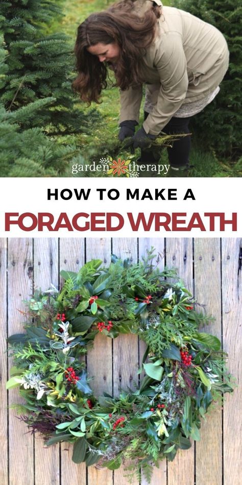 Wreaths made from fresh foraged materials are a wonderful way to make an entrance look welcoming or to jazz up a drab fence or garden shed. Here’s how to make a wreath entirely from foraged materials! #christmas #wreath #holidaydiy #christmasdiy #holidaycraft #foraging #gardentherapy Fresh Foliage Wreaths, Making A Natural Wreath, How To Make A Yule Wreath, Outdoor Wreath Ideas, Diy Pine Wreath, Diy Christmas Wreaths Ideas How To Make, How To Make A Wreath, Wreath Making Ideas, Live Christmas Wreaths