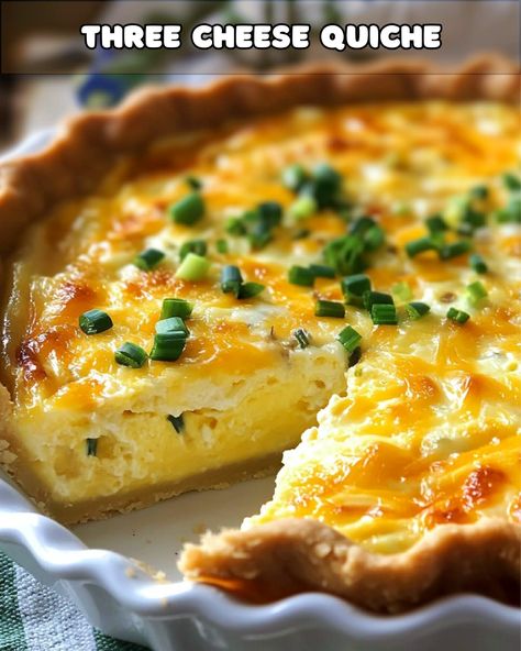 Three Cheese Quiche Three Cheese Quiche, Cinnamon Roll Desserts, Pumpkin Sugar Cookies, Creamy Eggs, Baked Pie Crust, Cheese Quiche, Egg Dishes, Flaky Pie Crust, Three Cheese