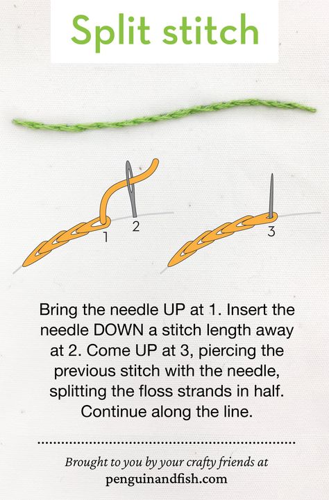 Split stitch - embroidery how-to, quick video, and step by step guide Outline Stitch, Straight Stitch Sewing, Split Stitch, Basic Hand Embroidery Stitches, Embroidery Stitches Beginner, Simple Hand Embroidery Patterns, Basic Embroidery Stitches, Embroidery Stitches Tutorial, Hand Embroidery Projects