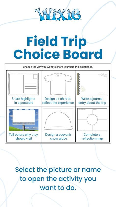 Students can use this field trip choice board to choose how they would like to reflect on the experience. Students select the picture or the name of the template to start working. Text Label, Choice Board, First Day Of School Activities, Choice Boards, Virtual Travel, Field Trips, Grade 5, Field Trip, School Activities