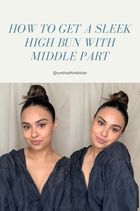 Top Knot Formal Hair, Top Bun Outfit, High Ponytail With Part In The Middle, Slicked Top Knot High Bun, Messy Top Bun With Middle Part, High Slicked Bun, High Middle Part Bun, Middle Part Hair Updos, Updos For Medium Length Hair Middle Part