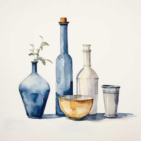 watercolor still life inspired by Morandi's minimalistic compositions. Explore the beauty of Top grade digital prints. Watercolor Still Life For Beginners, Still Nature Painting, Still Life In Watercolor, Watercolor Still Life Paintings, Still Life Watercolor Paintings, Still Life Painting Watercolor, Water Still Life, Watercolor Bottle, Still Life Objects