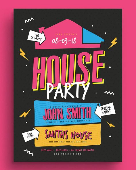 Welcome Party Poster Design, House Party Design Poster, House Party Invitation Template, Birthday Party Graphic Design, House Party Poster Design, Flyer Inspiration Design, House Music Flyer, House Party Flyer Design, Birthday Party Flyer Design