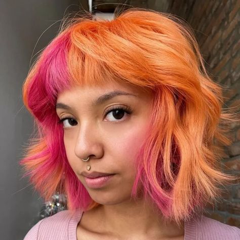 25 Bold Hair Color Ideas, From Pretty Pastels to Bold Neons Pink And Orange Hair Short, Bright Hair Colors Short, Bold Hair Color Ideas, Sunset Hair Color, Neon Hair Color, Pink And Orange Hair, Two Color Hair, Bright Pink Hair, Pink Bob