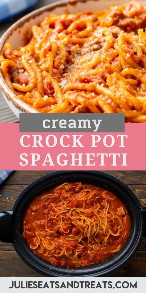 Slowcooker Pasta, Spaghetti With Cream Cheese, Crock Pot Spaghetti, Quick Crockpot Meals, Crockpot Spaghetti, Slow Cooker Pasta Recipes, Crockpot Pasta Recipes, Spicy Italian Sausage, Crockpot Pasta