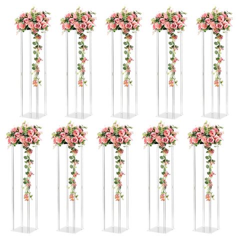 PRICES MAY VARY. 【Acrylic Flower Holder】flower stand for wedding is made of high-quality acrylic material, transparent white acrylic flower stand has excellent luster like shining crystal. can make your wedding or party scene look cleaner elegant and attractive. you can decorate with hanging vines or place the vase on it. 【Size】acrylic geometric flower stand height 32inches/80cm, Acrylic panel size: 7.87x7.87 inches. The taller flower stand is suitable for placing on the ground, And you can plac Vase Wedding Centerpieces, Tall Flower Vase, Geometric Centerpiece, Acrylic Vase, Reception Table Decorations, Clear Vases, Geometric Vases, Tall Flowers, Wedding Vases