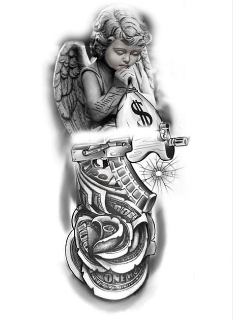 Thug Tattoos For Men, Angel Money Tattoo, Gangsta Angel Tattoo, Angel With Money Bag Tattoo, Time Clock Tattoo, Atrapasueños Tattoo, Money Bag Tattoo, Fear Tattoo, Ink Master Tattoos