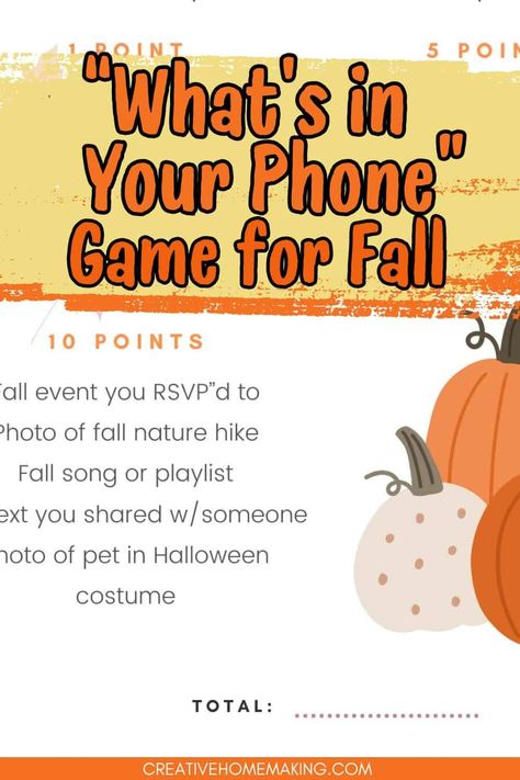 Add some fun to your autumn celebrations with our Fall 'What's in Your Phone?' printable game! Featuring 20 creative questions, this game is perfect for family gatherings, Thanksgiving parties, or cozy nights with friends. Cell Phone Games For Party, Whats On Your Phone Game Free Printable, Whats On Your Phone Game, Creative Questions, Phone Printable, Whats On Your Phone, Movie Trivia Games, Cell Phone Game, Halloween Scavenger Hunt