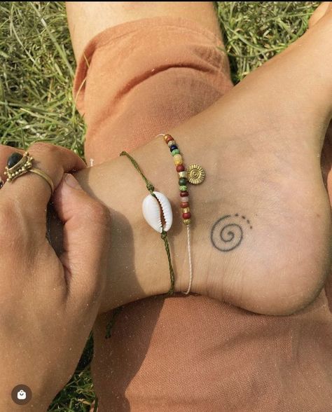 Groovy ! Spiral Ankle Tattoo, Lower Neck Tattoo Women, Small Hippie Tattoo, Spiral Tattoo Ideas, Small Earthy Tattoos, Spiral Tattoo, Body Positive Art, Spiral Tattoos, Outfitinspo Style