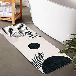 Boho Bathroom Runner Rug Non Slip, Large Long Bathroom Rug Cute Bath Mat for Bedroom Hallway Kitchen, Soft Plush Washable Shower Rug Earth Bathroom Decor, Black White Cream Bathroom, Long Rug In Bathroom, Black And White Bathroom Rugs, Bathroom Shower Curtain And Rug Ideas, Black And White Bathroom Aesthetic, Black And White Bathroom Ideas Decor, Green Black And White Bathroom, Bathroom Runner Rug Ideas