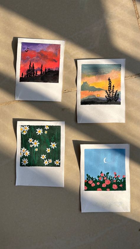 Paintings Polaroid, Easy Polaroid Paintings, Polaroid Pictures Drawing, Polaroid Art Painting, Cute Polaroid Paintings, Aesthetic Polaroid Painting, Paintings Easy Aesthetic, Mini Polaroid Painting, Polaroid Drawing Ideas