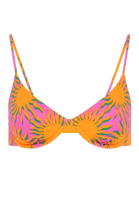 The Soliel bikini top features an underwire cup, gold clasp fastening to the back and adjustable straps. Cut in a soft recycled material and printed in a colourful sun print. Match with the Soliel bikini bottoms Content + Care: Main: 79% Recycled Polyester 21% Elastane Lining: 92% Recycled Polyester 8% Elastane Delicat Beachy Bikinis, Watermelon Swimsuit, Nike Winter Jackets, Preppy Swimsuit, Swimsuit Inspo, Coverup Swimsuit, Summer Bathing Suits, Cute Bathing Suits, Cute Preppy Outfits