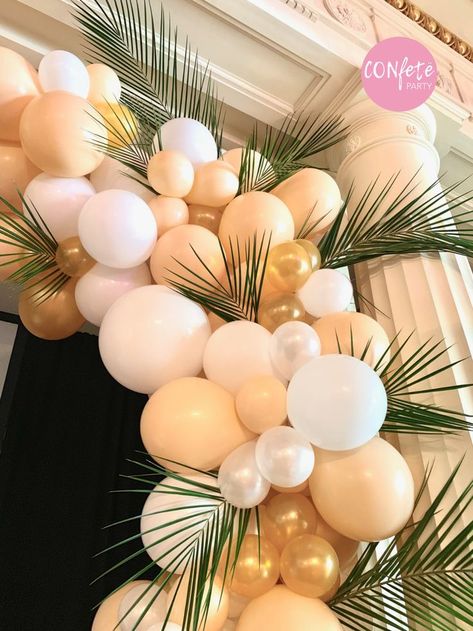 Balloon Arch With Palm Leaves, Neutral Balloon Garland, Tropical Birthday Theme, Church Backdrop, Baloon Garland, 31 Party, 21 Diner, Rustic Wedding Backdrops, Party Boxes