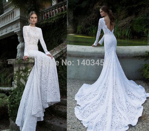 Slim Fit Mermaid Gown White Lace Long Sleeve Open Back Elegant Chapel Train Fancy Bridal Wedding Dress Vintage Lace Weddings, White Lace Wedding Dress, Bridal Gowns Mermaid, Trendy Wedding Dresses, Lace Wedding Dress Vintage, Backless Wedding, Princess Wedding Dresses, Lace Mermaid Wedding Dress, Vestidos Vintage