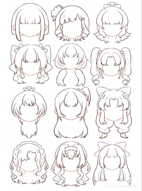 Hair Trace Drawing, How To Draw Anime Hairstyles, Chibi Curly Hair Drawing, Anime Hair Designs Female, Half Up Half Down Hairstyles Drawing, Anime Chibi Hairstyles, Chibi Hair Drawing Reference, How To Make Curly Hair Drawing, Drawing Hair From The Back