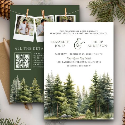 Winter Forest Wedding, Camping Watercolor, Winter Pine Trees, Rsvp Website, Popular Wedding Invitations, Qr Code Wedding, Nature Destinations, Forest Theme Wedding, Pine Trees Forest