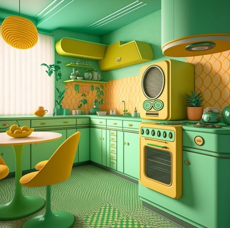 Space Age House Exterior, Futuristic 60s Interior Design, 70s Interior Design Retro Vintage, 60s Furniture 1960s Interior Design, Retro Futuristic Kitchen, Retro Futurism Home, Retro Futuristic Interior Design, Groovy House Aesthetic, Retro Futurism Decor