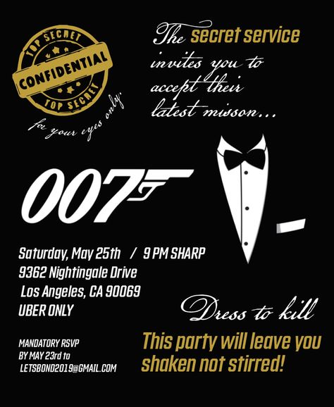 007 Theme Party Invitation, 007 Party Theme Decor, Casino Sweet 16, James Bond Theme Party Outfit Women, 007 Theme Party Outfit Women, James Bond Theme Party Outfit, James Bond Party Invitation, 007 Theme Party, Bond Theme Party