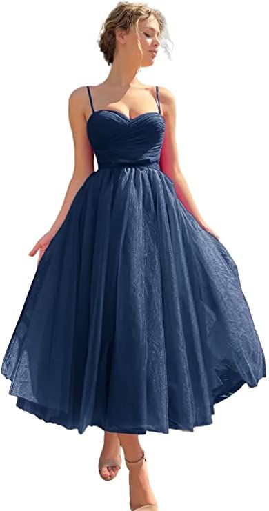 Ball Gowns For Teens, Tea Length Formal Dresses, Tea Length Prom Dress, Tea Length Tulle, Formal Dresses For Teens, Tulle Homecoming Dress, Prom Dresses With Pockets, Spaghetti Strap Prom Dress, Evening Party Gowns