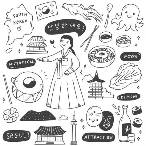 South korea travel destination doodle se... | Premium Vector #Freepik #vector #flower #food #city #building Travel Doodles, Flag Drawing, Korean Flag, South Korea Seoul, South Korea Travel, Korea Travel, Korean Art, Bullet Journal Ideas Pages, Simple Doodles