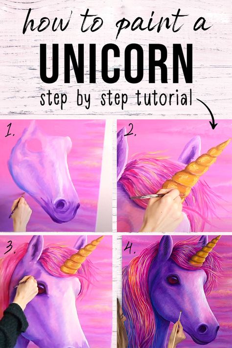 Learn how to paint a cute and colorful unicorn in acrylic paints with this fun step by step art tutorial from Rachel Froud 🦄 Create a pretty pink unicorn painting using acrylic paints, perfect to hang up on your wall! Unicorn Painting Ideas, Unicorn Painting Canvas, Unicorn Acrylic Painting, Unicorn Paintings, Unicorn Eyes, Step By Step Art, Unicorn Paint, Lauren Elizabeth, Unicorn Painting