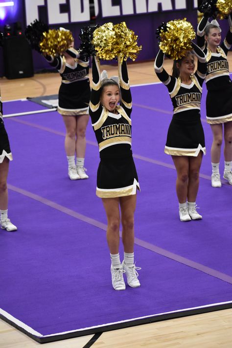 Black Gold And White Cheer Uniforms, Gold And White Cheer Uniforms, Black And Gold Cheer Uniforms, Black Cheer Uniforms, High School Cheer Uniforms, Cheer Photo Poses, Cheer Photo, Cheer Costumes, Cheer Photography