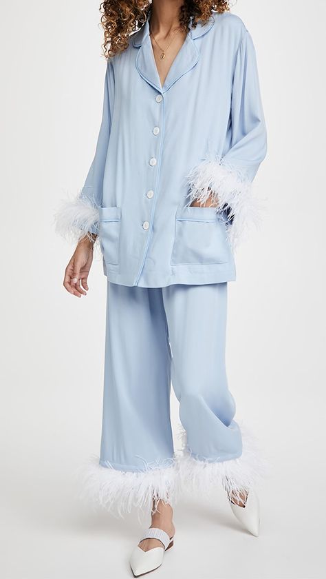 Sleeper Cornflower Party Pajama Set Chic Loungewear, Designer Pajamas, Ostrich Feather Trim, Pajama Dress, Spring Fashion Trends, Party Outfit, Pajama Set, Spring Fashion, Feathers