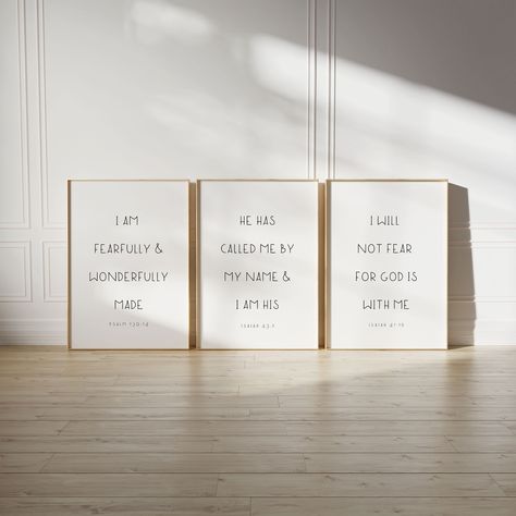 "Set of 3 Nursery Bible Verse Printable - Set of 3 Nursery Wall Art - Nursery Digital Download I am fearfully & wonderfully made / He has called me by my name & I am His / I will not fear for God is with me. What you will receive: Set of 3 Printables High Resolution JPG Files Variety of Sizes Instant Download Sizes: You can use one size to print on multiple different sizes. 1:1 Ratio 5\"x5\" / 6\"x6\" / 12\"x12\" 2:3 Ratio 4\"x6\" / 8\"x12\" / 11\"x17\" / 16\"x24\" / 20\"x30\" / 24x36\" 3:4 Ratio 6\"x8\" / 9\"x12\" / 12\"x16\" / 18\"x24\" / 30\"x40\" 4:5 Ratio 4x5\" / 8x10\" / 12x15\" / 16x20\" 5x7\" / A5 / A4 / A3 / A2 / A1 11\"x14\" If you require additional sizes, please contact me and I will be happy to help you! *THIS IS A DIGITAL DOWNLOAD NOT A PHYSICAL ITEM. NO ITEMS WILL BE SHIPPED Bible Nursery Decor, Bible Verses For Babies, Room Decor Christian, Baby Bible Verses, Nursery Scripture, Christian Nursery Decor, Nursery Bible Verses, Christian Nursery, Nursery Wall Decor Boy