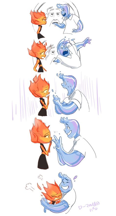 Elementals Ember And Wade, Ember X Wade Genderbend, Wide X Ember Elemental, Wade X Ember, Ember X Wade Elemental Fanart, Elemental Movie Fanart, Ember X Wade, Elemental Fanart, Disney Characters As Humans