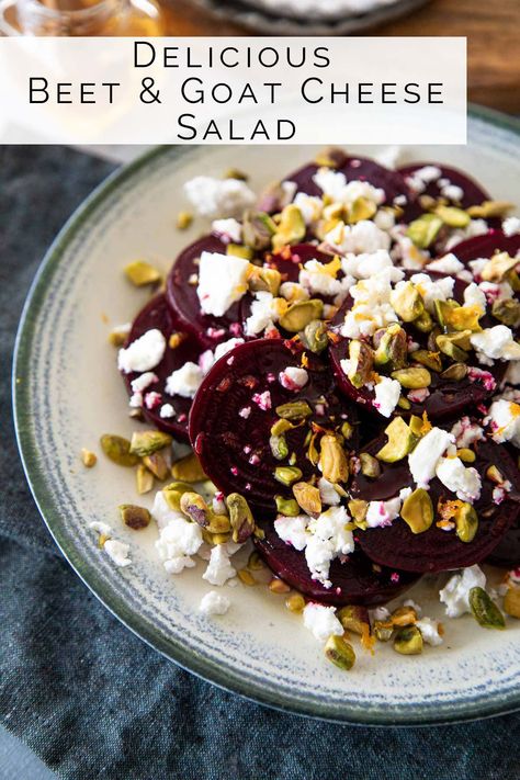 Enjoy this delicious beet goat cheese salad topped with honey, orange zest, and chopped pistachios. A fabulous fall and winter recipe. Cold Beet Salad w. Goat Cheese, Honey, + Pistachios. Delicious and easy beet salad recipe everyone will love. This is the perfect salad or appetizer for a weeknight dinner idea of easy entertaining recipe. #lmrecipes #beets #goatcheese #appetizer #salad #healhtyrecipe #foodblog #foodblogger #vegetarian Beet Goat Cheese Salad, Beet Goat Cheese, Goat Cheese Honey, Salad Quinoa, Beet And Goat Cheese, Beet Salad Recipes, Sliced Pears, Beet Recipes, Salad Pasta