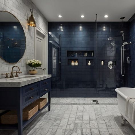 Shop Blue Bathroom Tiles | 17+ Blue Tiles You Should See | Stone Tile Depot Dark Blue Tile Bathroom, Blue Tile Bathroom Ideas, Dark Tile Bathroom, Boston Ideas, Blue Bathroom Tiles, Blue Tile Bathroom, Glass Tile Shower, Dark Blue Tile, Blue Shower Tile