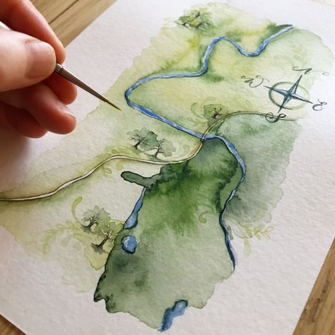 Watercolour Map Illustration, Watercolor Map Wedding, Map Painting Ideas, Watercolour Line Art, Map Design Illustration, Map Concept Art, Map Art Illustration, Maps Illustration Design, Creative Maps