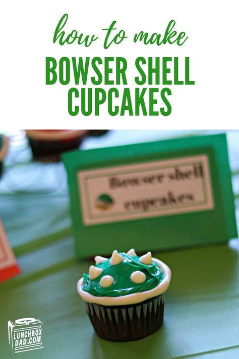 Super Mario Bowser Shell cupcakes for your next video game themed birthday party! Bowser Shell Cupcakes, Birthday Cupcakes Ideas For Boys, Bowser Shell, Shell Cupcakes, Bowser Party, Video Game Themed Birthday Party, Princess Bowser, Game Themed Birthday Party, Yoshi Party