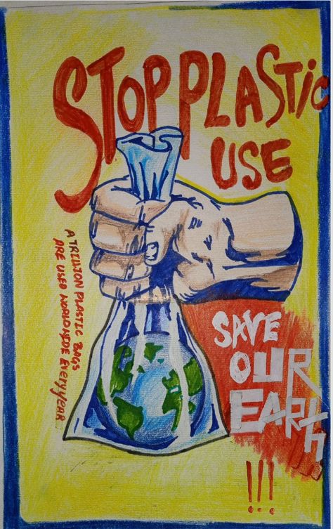 It's a poster giving us a message not to use plastic Awareness Poster Environmental, Save Plastic Poster, Plastic Campaign Poster, Plant Vs Plastic Drawing, Slogan About Pollution, Save Earth From Plastic Posters, Don't Use Plastic Poster, Ban Plastic Drawing, Ban Single Use Plastic Posters