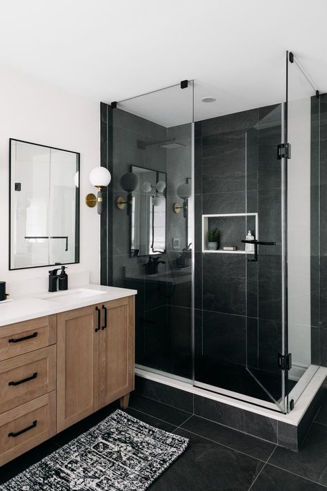 Modern Bathroom With Black Floor, Bathroom Black Tile Floor Ideas, Bathroom Remodel With Walk In Shower Only, Same Tile Floor And Shower Master Bath, Dark Tiled Kitchen, Master Bathrooms With Black Tile Floors, Black Shower Base Bathroom, Modern Bathroom Design Dark Floor, Black Tile Restroom