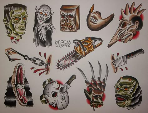 Classic horror movie tattoos 😍 Horror Movie Tattoos American Traditional, Horror Tattoo American Traditional, American Traditional Creepy Tattoos, Horror Film Tattoo Ideas, Traditional Tattoo Horror, American Traditional Horror Tattoo, Small Horror Tattoos, Horror Movie Flash Tattoo, Jason Tattoo