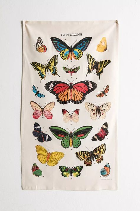 Cavallini Papers Butterfly Specimen Reference Tapestry | Urban Outfitters Urban Outfitters Tapestry, Boho Decor Inspiration, Mandala Bedding, Grunge Hippie, Vintage Butterflies, Bedding Decor, Chic Bedding, Boho Deco, Paper Butterfly