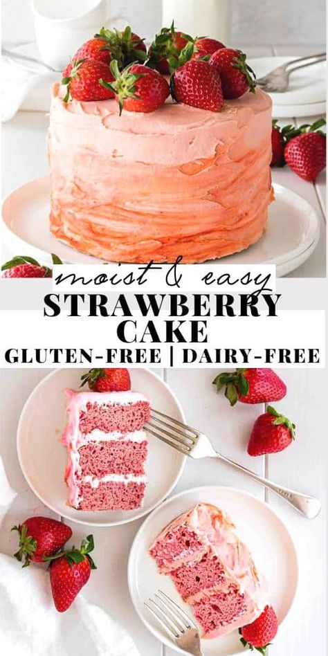 This Vegan Gluten Free Strawberry Cake is a classic turned into vegan and gluten free. It can’t be moister and fluffier and it’s not at all overly sweet. Both the cake and the buttercream are made with fresh strawberries. It’s the perfect spring and summer dessert! Gluten Free Dairy Free Cake, Gluten Free Strawberry Cake, Dairy Free Cake Recipe, Vegan Gluten Free Cake, Vegan Pies, Strawberry Gluten Free, Strawberry Cake Easy, Gluten Free Cake Recipe, Berry Recipes